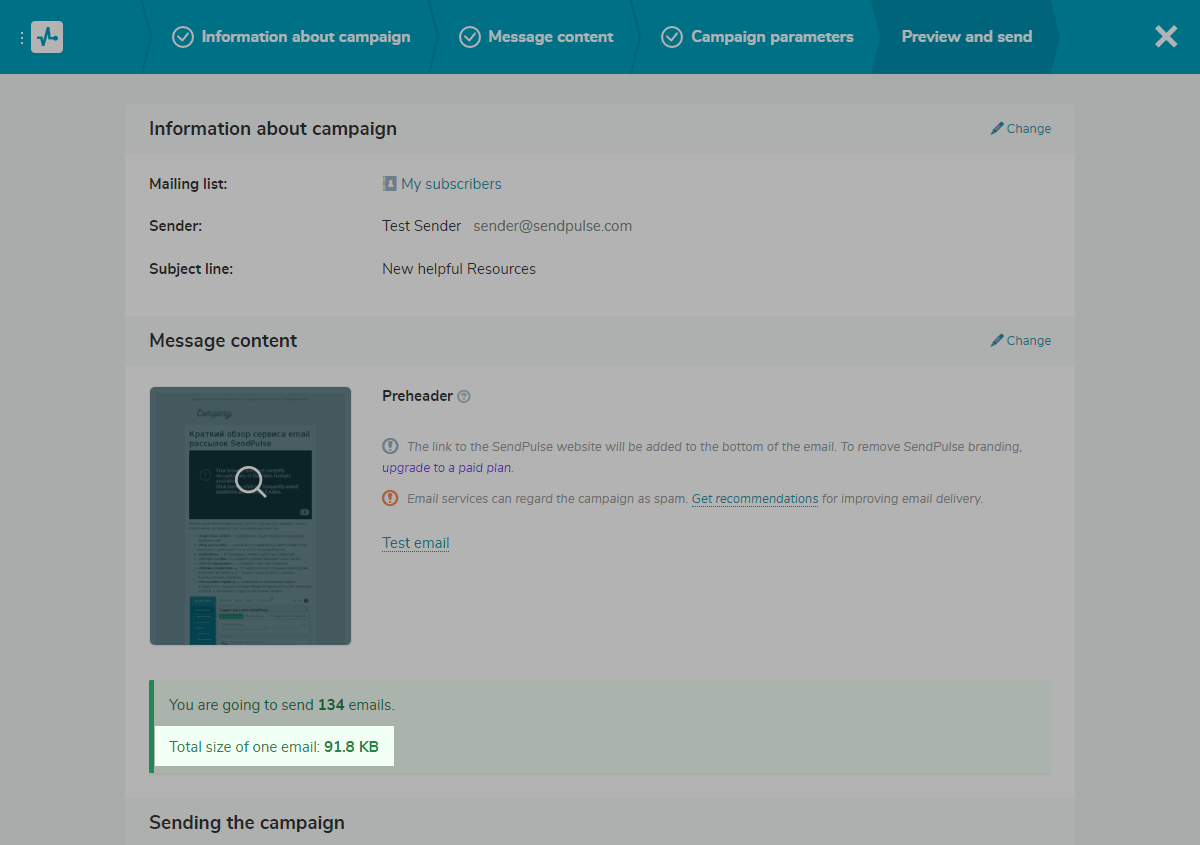 Approximate email size in the SendPulse account Approximate email size in the SendPulse account