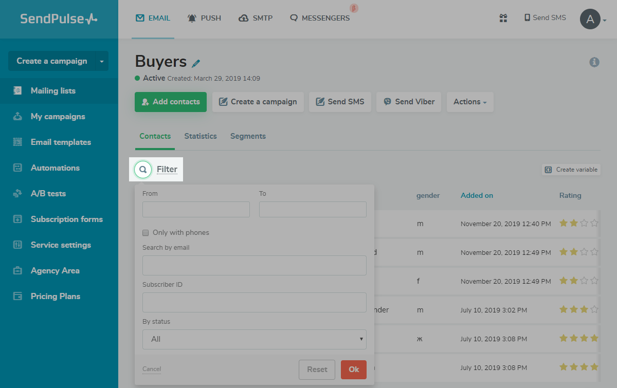 Filter in a mailing list