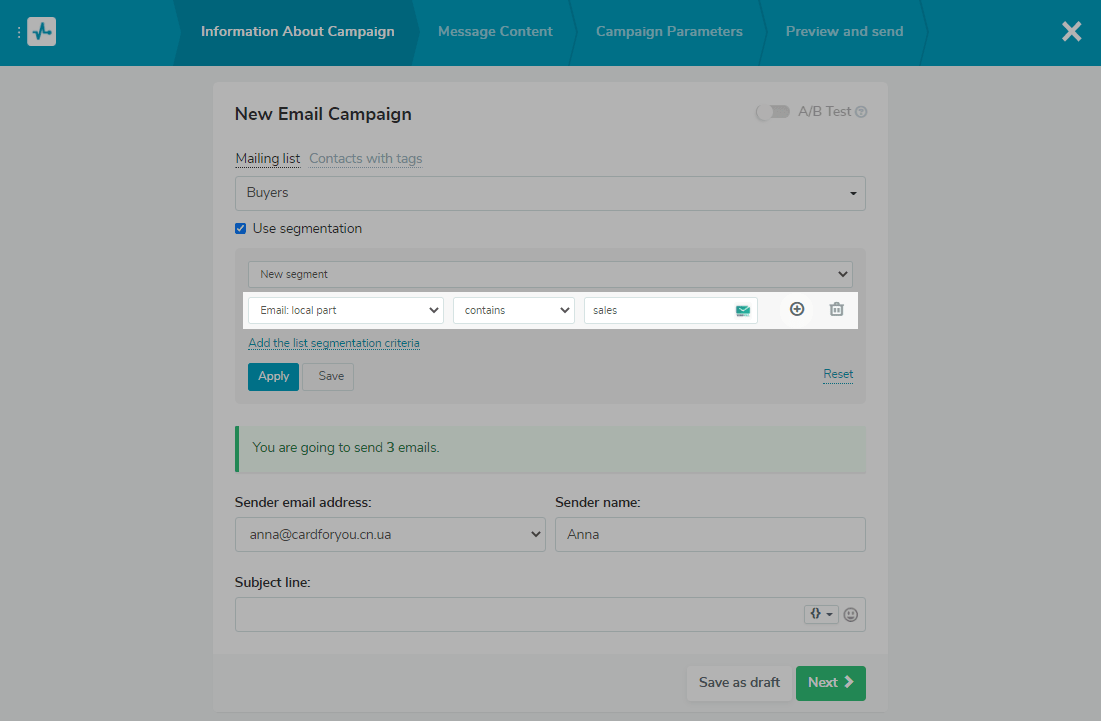 Segmentation by a local part of an email address