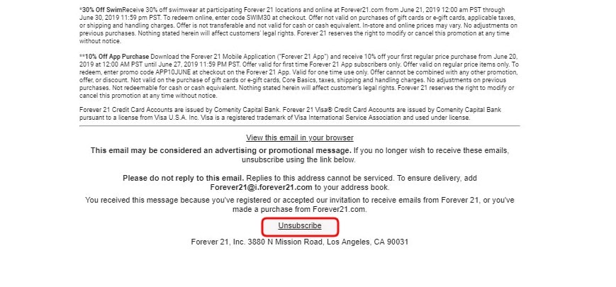 An unsubscribe link in the email footer An unsubscribe link in the email footer