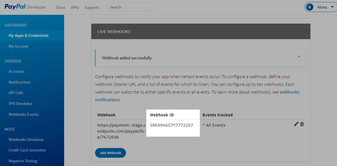 создаем вебхук в PayPal создаем вебхук в PayPal