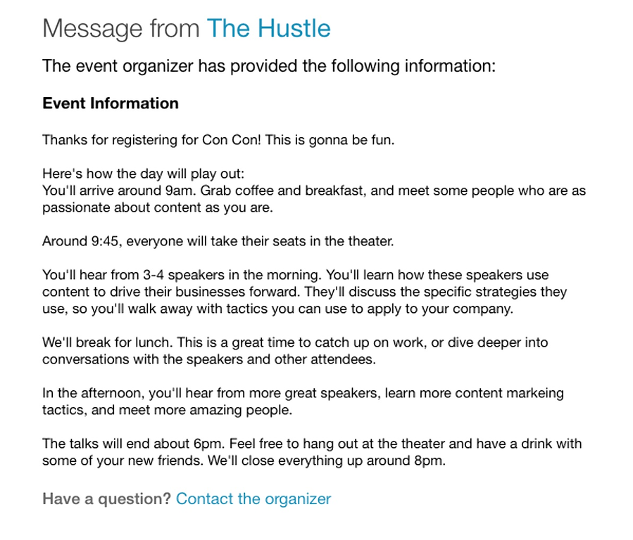 Hustle event reminder with a link to contact organizers Hustle event reminder with a link to contact organizers