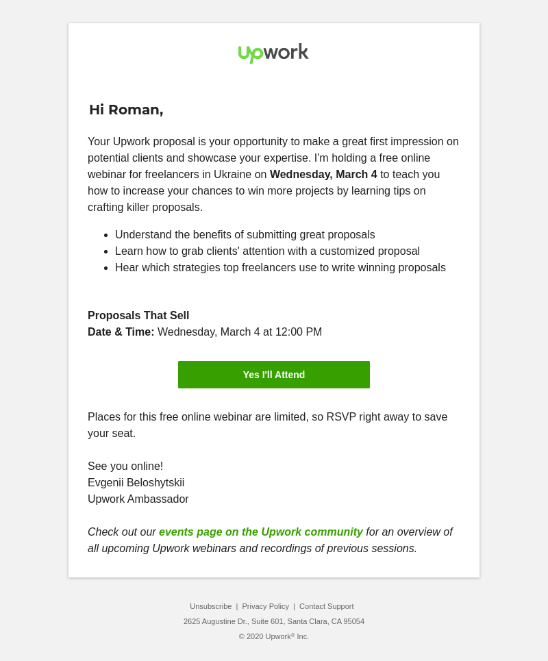 Event reminder email from Upwork Event reminder email from Upwork