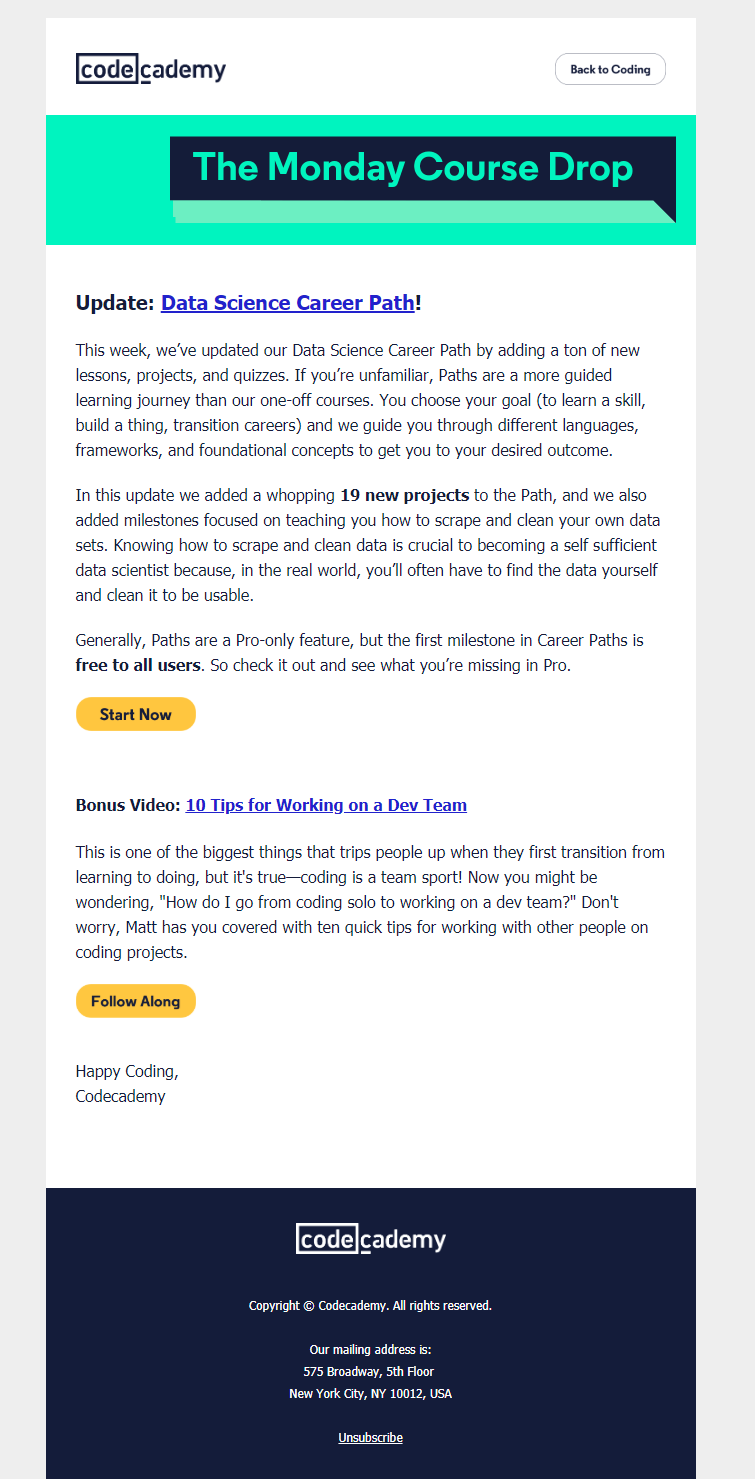Email from Code Academy Email from Code Academy