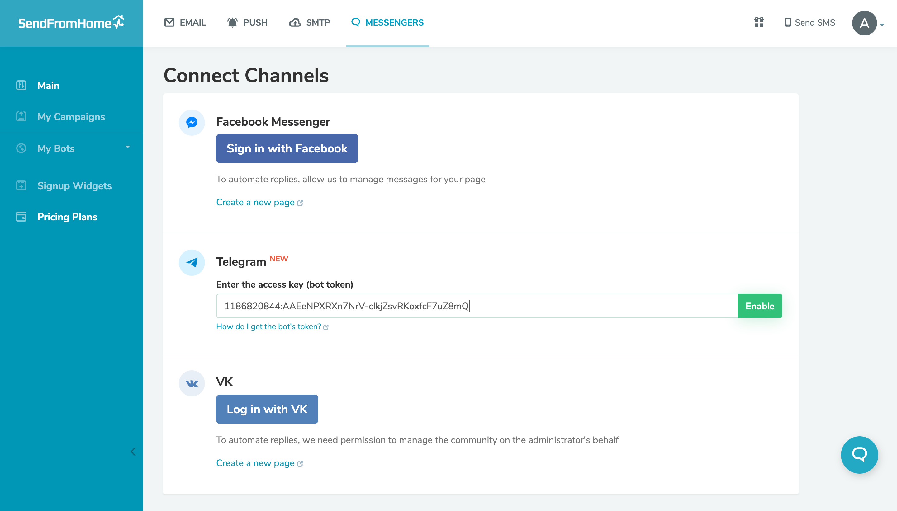 Paste the token to your SendPulse account Paste the token to your SendPulse account