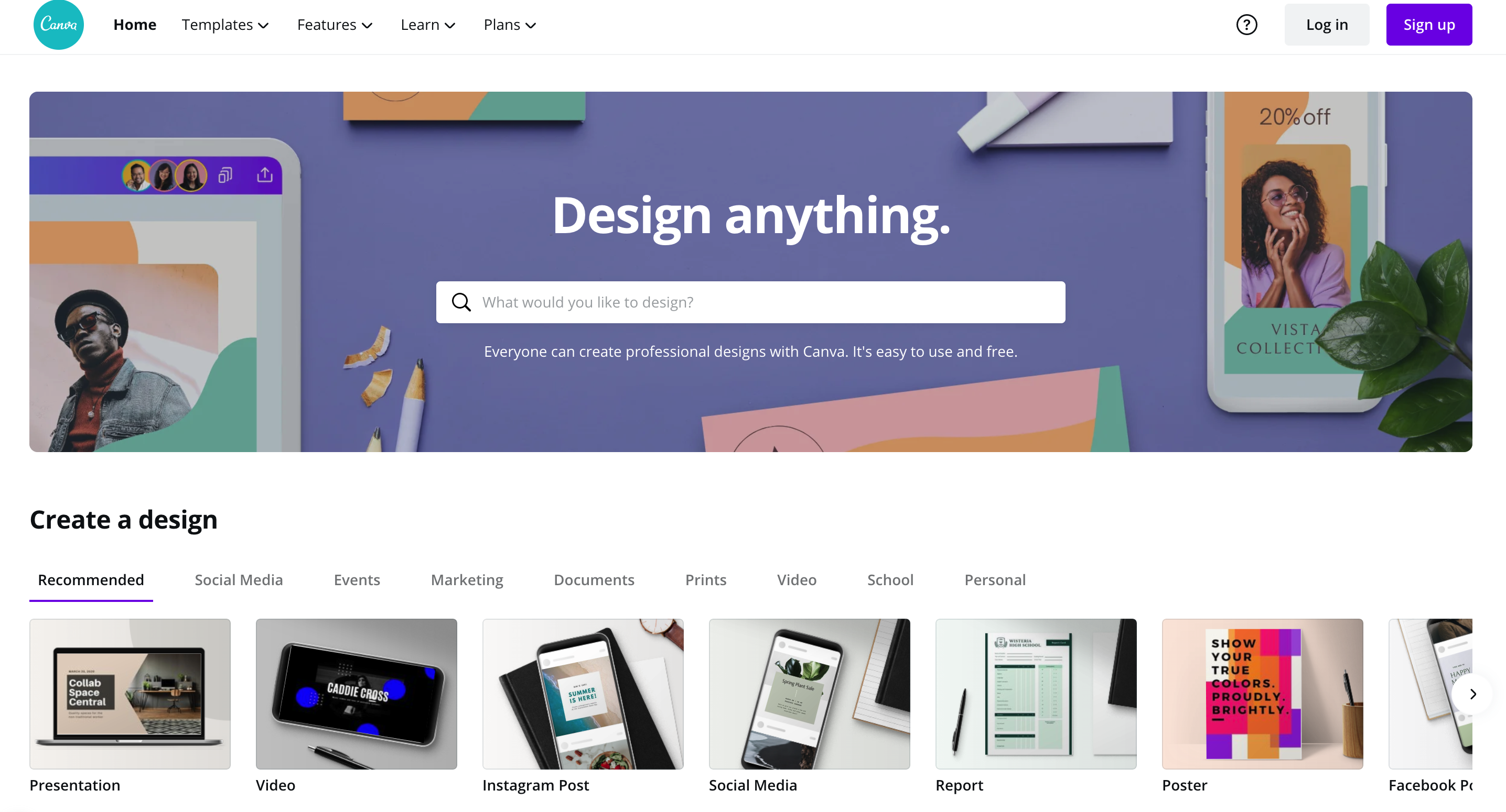 Canva’s main page with a value proposition