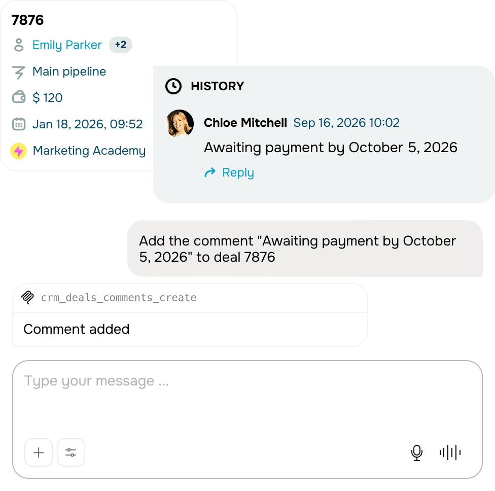 Handle CRM contacts, deals, pipelines, tasks, and products